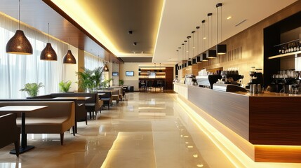 Quiet business hotel lobby with a stylish coffee bar, polished floors, and modern seating arrangements, providing a calm environment for business professionals. Copy space included.