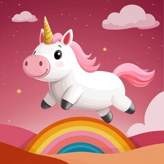 Naklejka premium Joyful White Unicorn Leaps over Rainbow in Dusky Pink Sky
