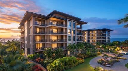 Fototapeta premium Resort-style hotel exterior with large balconies, tropical gardens, and ocean views at sunset. A serene and luxurious setting. Copy space included.