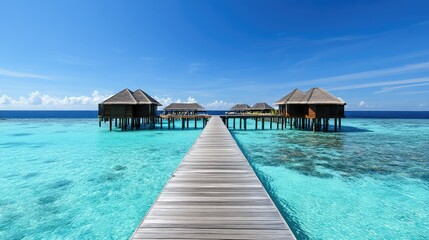 Fototapeta premium Seaside resort with an elegant wooden pier stretching over clear waters, leading to private bungalows and lounge areas. A serene beach getaway. Copy space included.