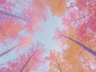 Forest canopy in autumn with soft diffused light and negative space on top