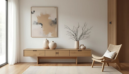 Elegant Minimalist Living Room Featuring Wooden Furniture and Abstract Art