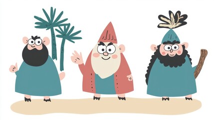 Cartoon Figures On Beige Background With Palm Trees