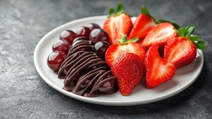 Sliced grapes and strawberries dipped in dark chocolate, arranged on a white plate. The vibrant colors of the fruit are enhanced by the glossy chocolate coating. Copy space included.