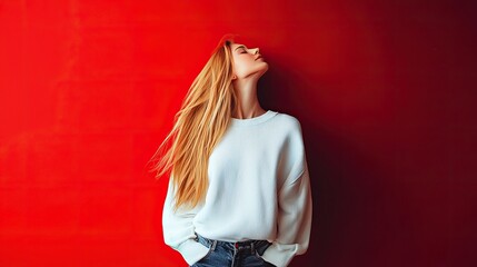 Fototapeta premium Young woman with long blonde hair against a red background, wearing a white sweater and blue jeans.