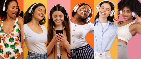 A group of young women of diverse backgrounds happily listen to music using headsets. They are engaged with their devices while showcasing joy and enthusiasm in a colorful setting.