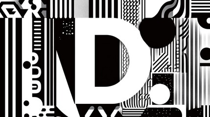 Abstract black and white design, letter D, geometric patterns, background texture, graphic design