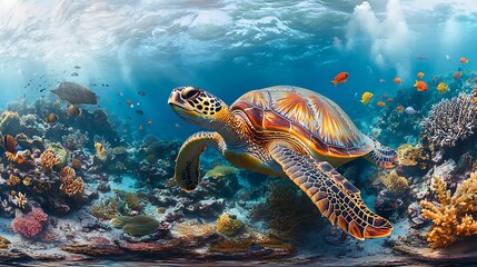 Fototapeta premium Sea Turtle Swimming in Vibrant Coral Reef, A sea turtle swimming gracefully in a vibrant coral reef, surrounded by colorful fish and illuminated