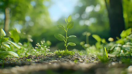 Small Green Plant Growing Amidst Grass and Soil with Sunlight in Background