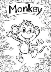 Happy monkey playing in jungle foliage; coloring book page (1)