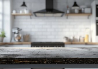 Rustic kitchen countertop with blurred background