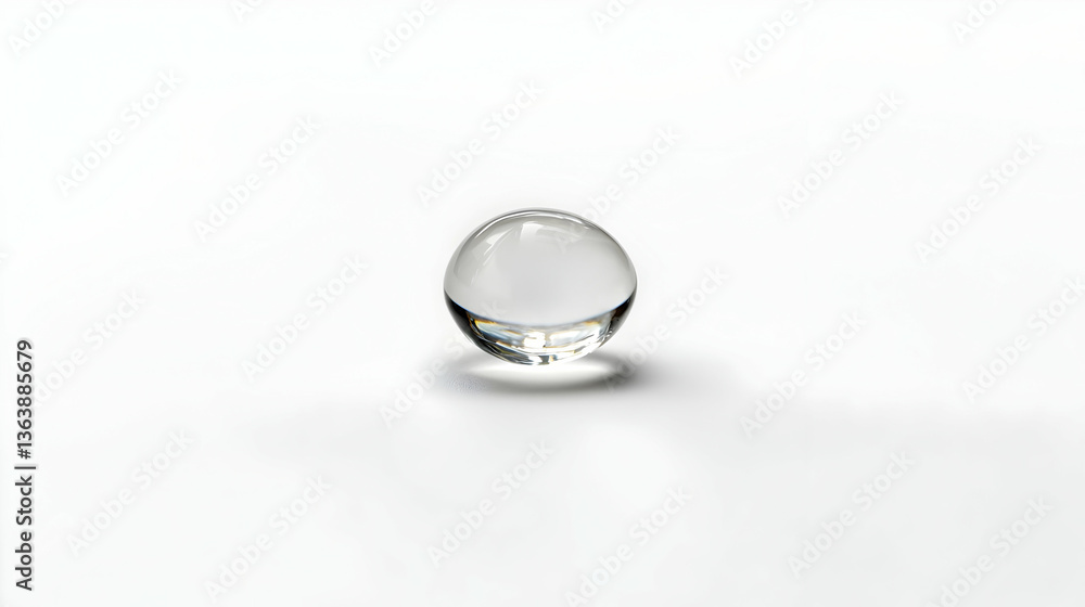 Poster isolated transparent glass sphere floating above white surface with reflected light showing details