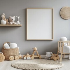 Nursery mockup with wooden toys, neutral decor, and blank frame.