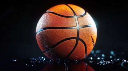 Dynamic basketball resting on a wet surface, glistening in dramatic lighting with droplets reflecting a sense of motion and energy