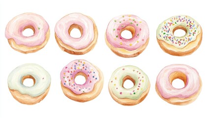 Whimsical watercolor collection of fluffy donuts with icing and toppings creating a colorful and sweet bakery display