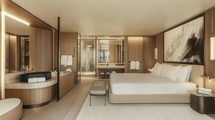 Spa hotel bedroom with soft, neutral tones, plush bedding, and calming decor. The design focuses on relaxation, offering a peaceful and rejuvenating environment. Copy space included.