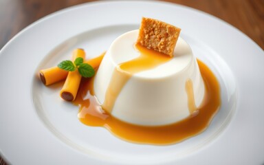 A creamy white panna cotta topped with a crunchy orange garnish, resting in a pool of sweet caramel sauce