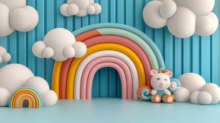 Fototapeta premium Playful Mouse Toy Near Pastel Rainbow and Clouds 3D Render