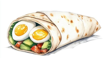 Delicious watercolor breakfast burrito filled with eggs and vegetables wrapped comfortably with an artistic touch