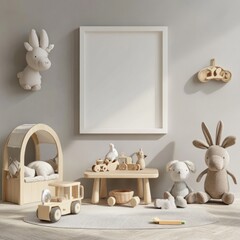 Nursery room mockup with wooden toys and plush animals.