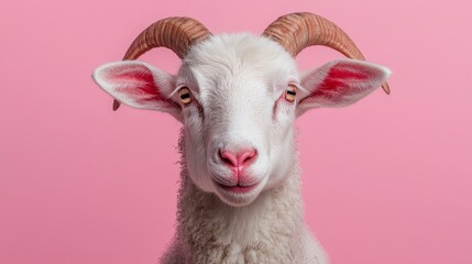 Fototapeta premium Portrait of a White Goat with Horns Against Pink Background
