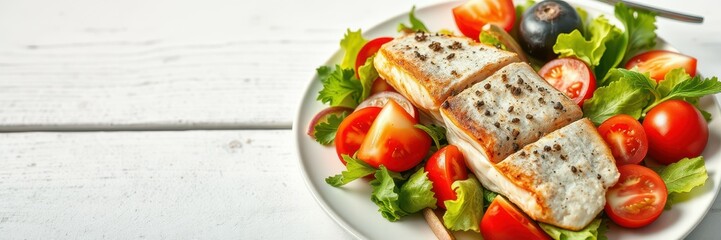 Freshly grilled fish served with a vibrant salad of tomatoes and greens on a rustic wooden table