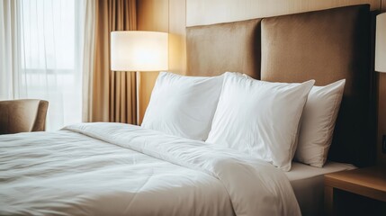 Warm and inviting hotel room with a contemporary design. Comfortable bed with fluffy pillows, a bedside table, and a lamp casting a soft glow. Copy space available.