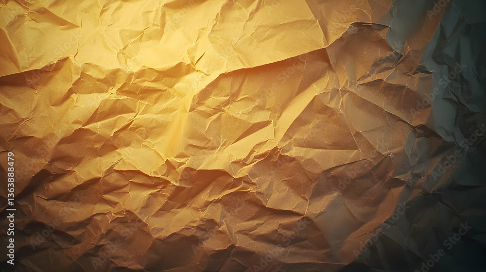 Poster close up shot of a brown crumpled paper background with golden light and deep shadows showing textur