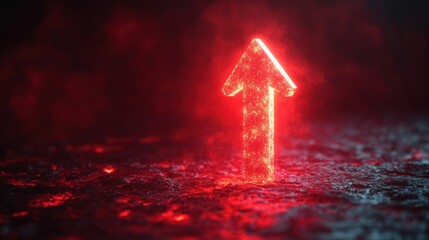 Fototapeta premium Glowing red up arrow rising from dark ground symbolizing growth