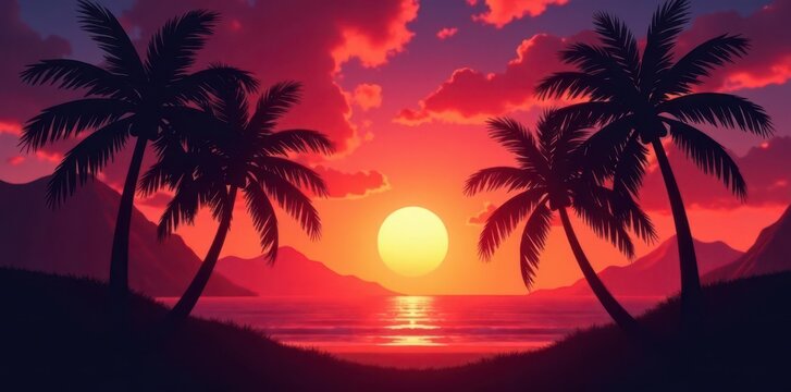 Dark silhouettes of palm trees against a vibrant sunset , sky, dark, sunset