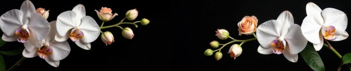 Cascading white orchids & peach roses, dramatic black backdrop, bridal bouquet, wedding photography, elegant