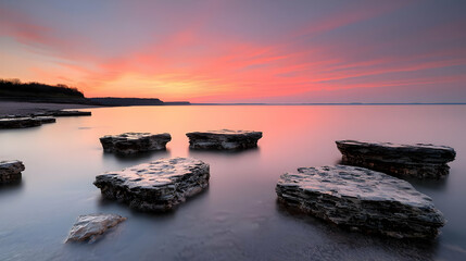 Fototapeta premium Sunset Over Calm Sea with Rock Formations in a Coastal Landscape Illuminated By Orange and Pink Sky