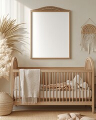 Nursery room with crib, pampas grass, and mock-up frame.