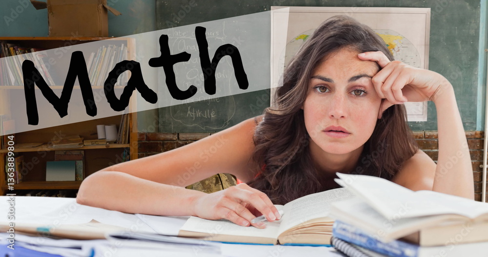 Poster image of math text and student learning over empty classroom