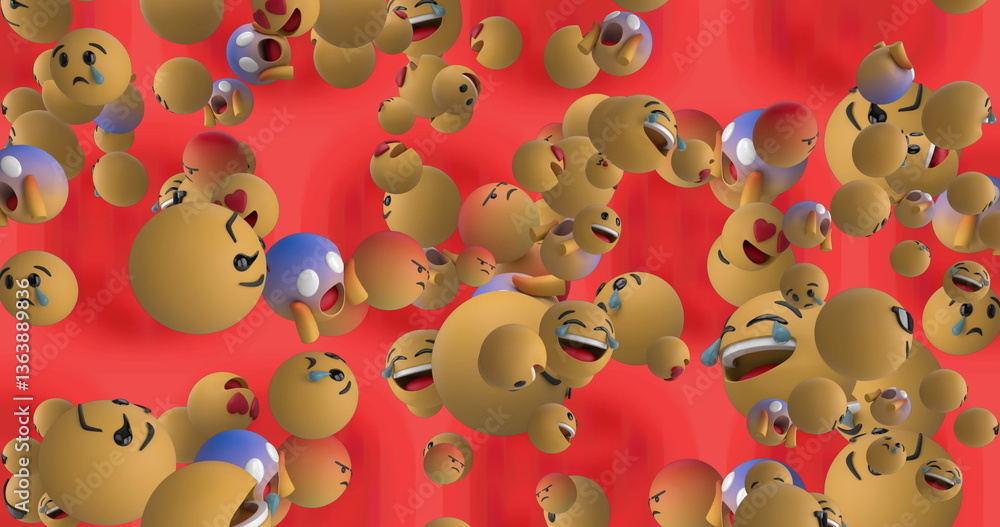Poster image of emoji icons floating on red background