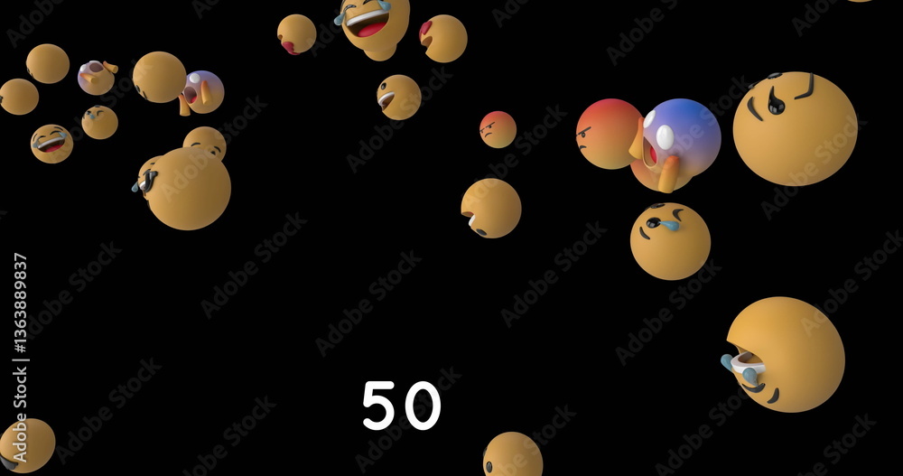 Aufkleber increasing numbers on round red banner over multiple face emojis floating against black background