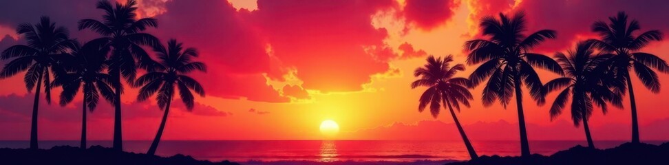 Dark silhouettes of palm trees against a vibrant sunset , design element, cliparts, silhouette