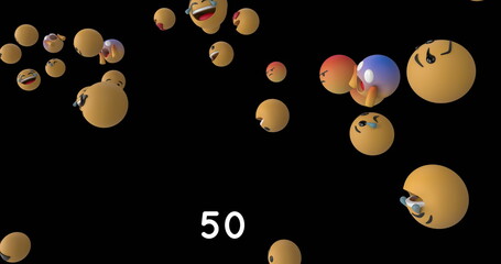 Increasing numbers on round red banner over multiple face emojis floating against black background