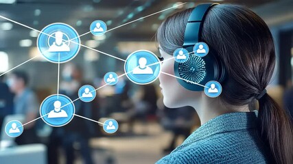 Young woman with headphones engaged in virtual communication in a modern office setting
