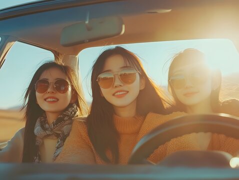 Fototapeta Three Smiling Women Driving Vintage Car in Sunlight Road Trip