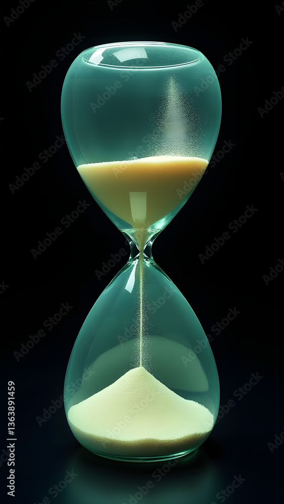 Poster reverse-causality hourglass where sand piles below dictate the fall patterns above through quantum d