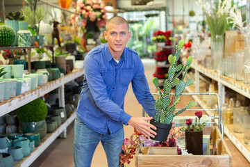 Man putting artificial cacuts in cart while shopping in home goods store.
