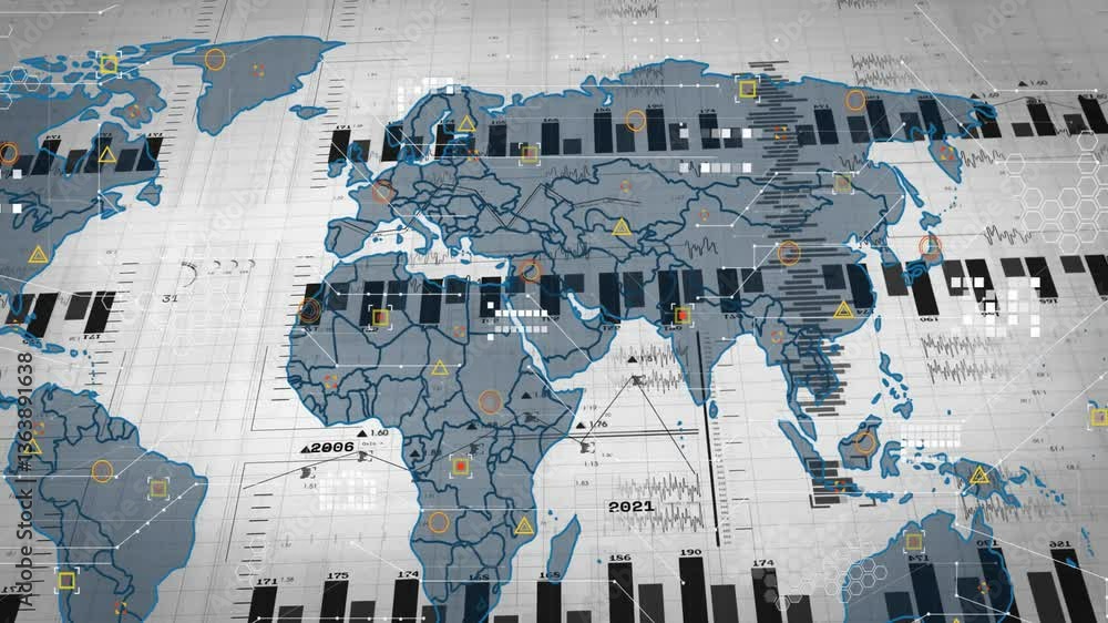 Poster animation of global statistics with world map, data graphs, and charts in school