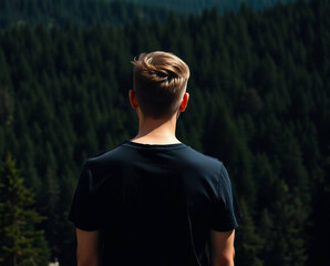 Naklejka premium a man standing with his back to the camera, overlooking a dense forest. The man is wearing a plain black t-shirt and has short, light brown hair. The forest is lush and green, 