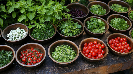 Fresh herbs, cherry tomatoes, and cheese in bowls for a healthy salad.  Outdoor setting. Food photography