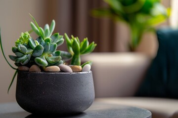 A close-up shot of lithops arranged in a stylish, modern decorative pot on a stylish coffee table, with subtle diffused light