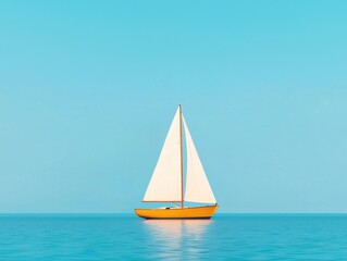 Fototapeta premium A serene sailing boat with white sails glides across calm blue waters under a clear sky.
