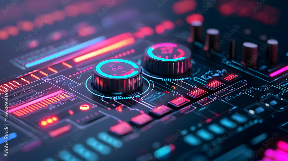 Aufkleber detailed close-up of a circuit board with blue and red illuminated components and futuristic design