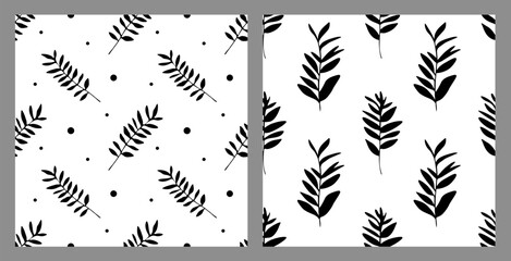 Set of seamless patterns with black plants and branches on a white background. Design for printing on fabric, textile and wrapping. Beautiful minimalist ornament for backdrops and wallpapers.