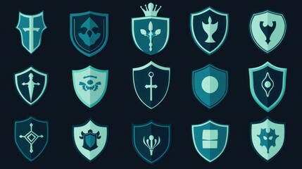 Teal fantasy shields collection, heraldic symbols, dark background, game asset